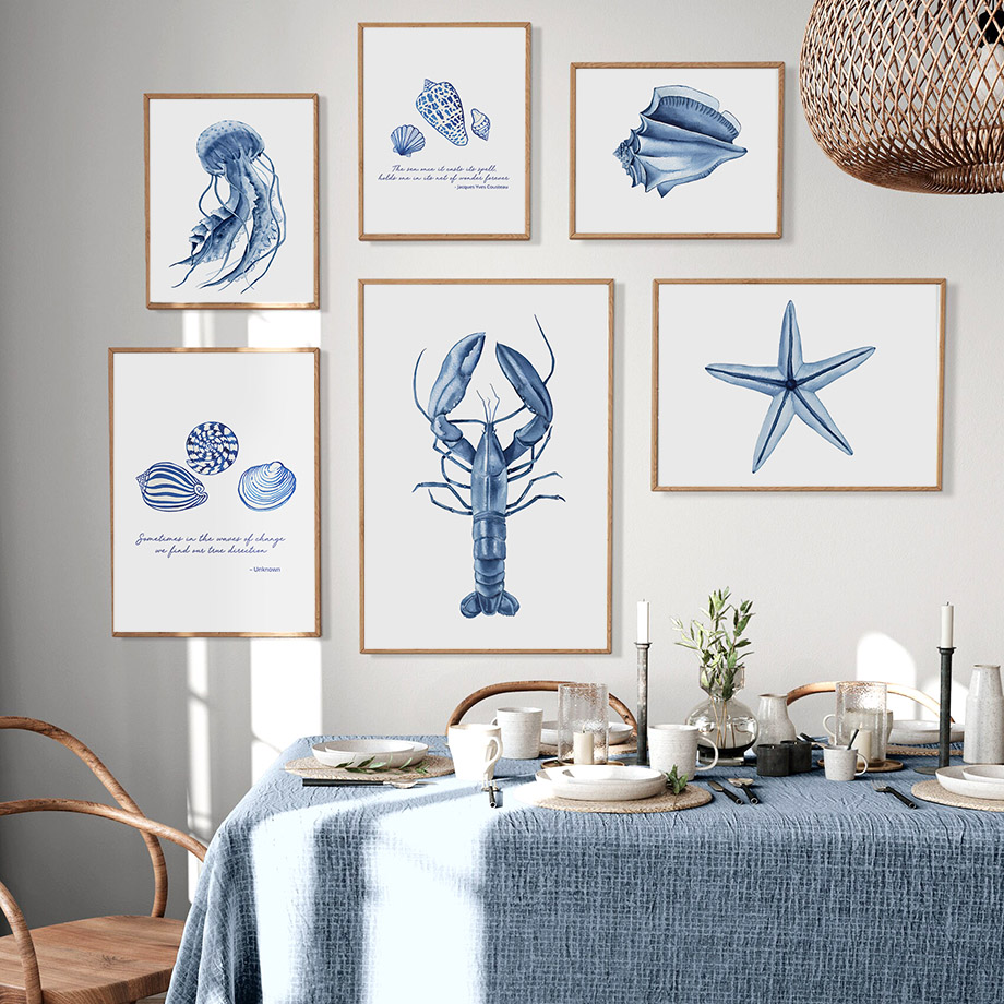 Home Improvement Kids - Watercolor Blue Coastal Sea Creatures Posters